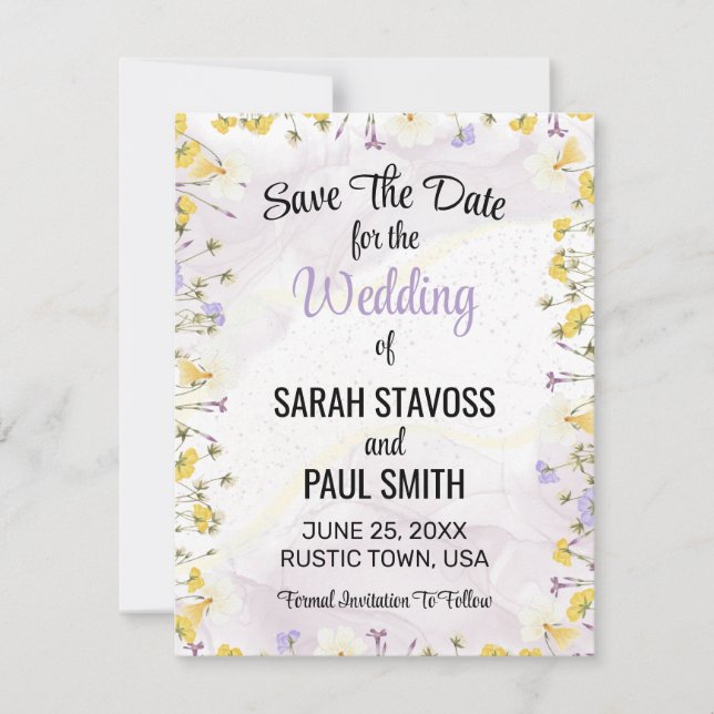 Wildblume Lavender und Gelbe Blumenhochzeit Save The Date (Vorderseite)