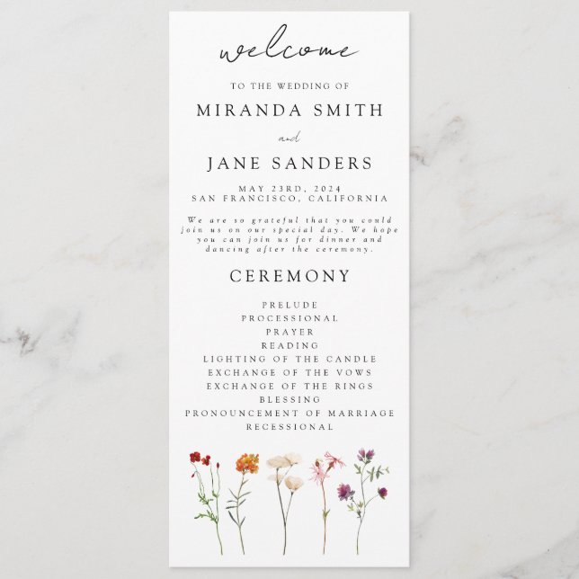 Wildblume Lesbian Pride Floral Wedding Programm (Vorderseite)