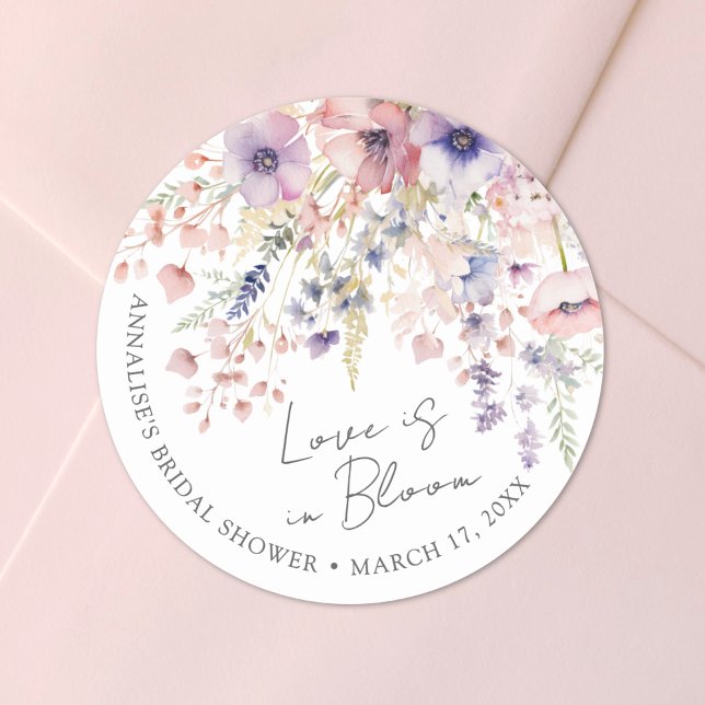 Wildblume Liebe ist im blutblühenden Brautparty Runder Aufkleber (Wildflower Love Is In Bloom Floral Bridal Shower Classic Round Sticker)