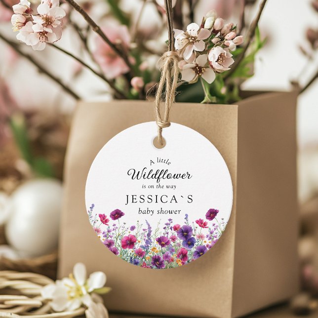 Wildblume, Lila-rosa-Blume-Babydusche Geschenkanhänger (Wildflower, Purple-Pink-Flower Baby Shower Favor Tags with your Name & Date. For Baby Girl & Boy.)