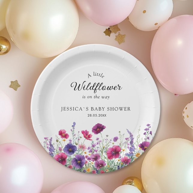 Wildblume, Lila-rosa-Blume-Babydusche Pappteller (Wildflower, Purple-Pink-Flower Custom Baby Shower Paper Plates.)