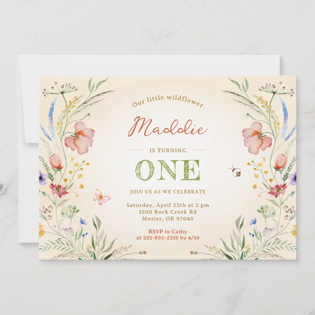 Wildblume macht den ersten Geburtstag eines Mädche Einladung (Vorderseite)