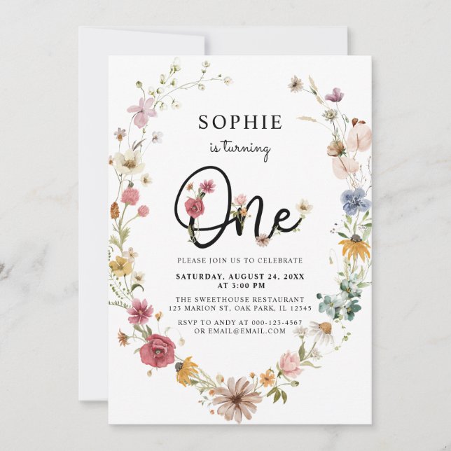 Wildblume macht ein 1. Geburtstagskind Einladung (Vorderseite)