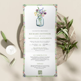 Wildblume Mason Jar All in One QR Code Hochzeit Dreifach Gefaltete Einladung