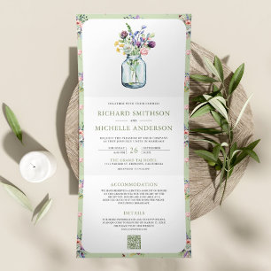 Wildblume Mason Jar All in One QR Code Hochzeit Dreifach Gefaltete Einladung