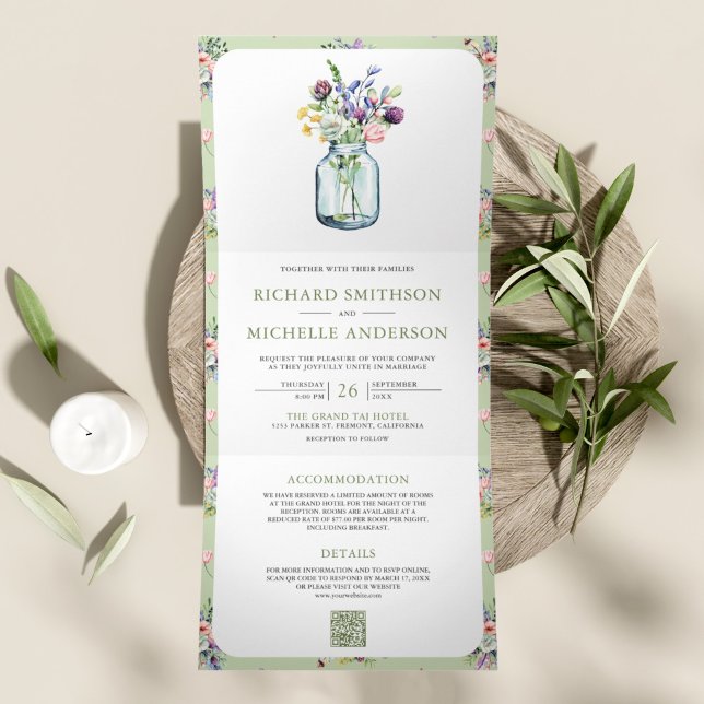 Wildblume Mason Jar All in One QR Code Hochzeit Dreifach Gefaltete Einladung (Von Creator hochgeladen)