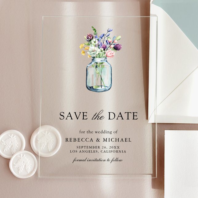 Wildblume Mason Jar Wedding Save the Date Acryleinladungen (Von Creator hochgeladen)