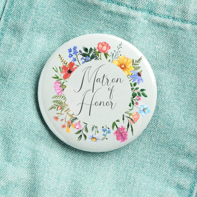 Wildblume Matron of Honor Script Wedding Button (Matron of Honor Wildflower Watercolor Floral Wreath Wedding Button
)
