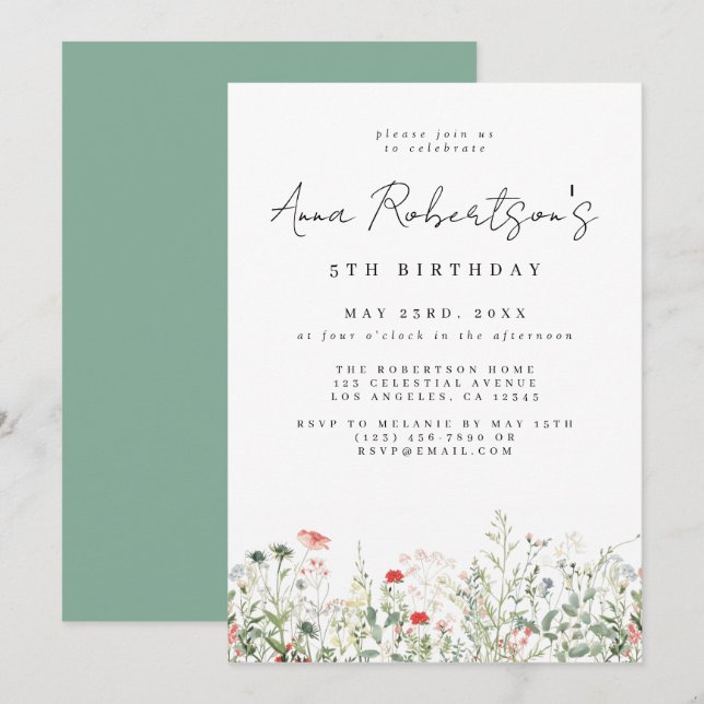 Wildblume Meadow Birthday Einladung (Vorne/Hinten)
