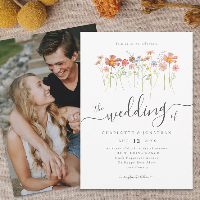 Wildblume Meadow Boho Elegantes Script-Foto Einladung (Wildflower meadow boho floral photo Wedding invitation elegant script watercolor fall colors)