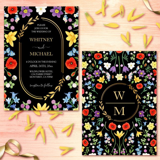 Wildblume Meadow Colorful Spring Monogram Wedding Einladung (Wildflower Meadow Colorful Spring Monogram Wedding Invitation)