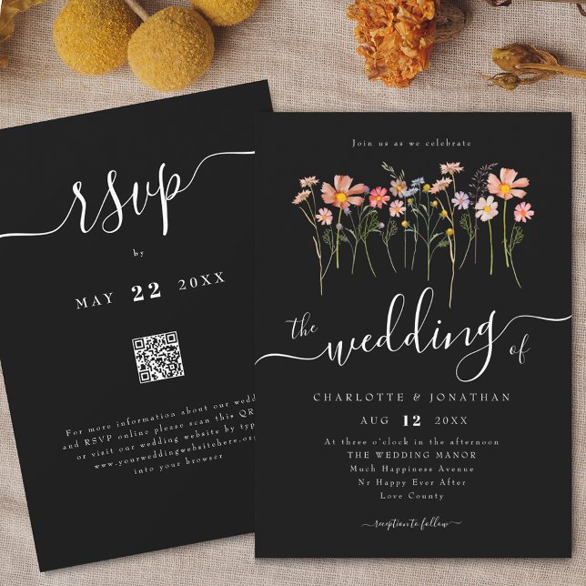 Wildblume Meadow Floral Black & White QR-Code Einladung (Wildflower meadow boho floral black and white Wedding qr code invitation watercolor Fall colors)