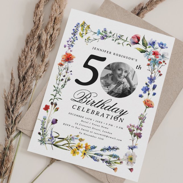 Wildblume Meadow Foto 50. Geburtstagsparty Einladung (Wildflower Meadow Photo 50th Birthday Party Invitation)