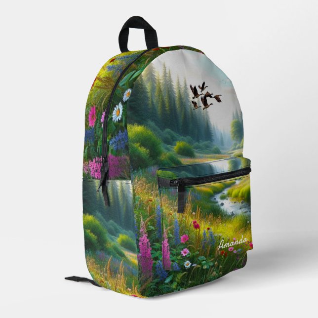 Wildblume Meadow Green Bedruckter Rucksack (Rückseitige Ecke links)