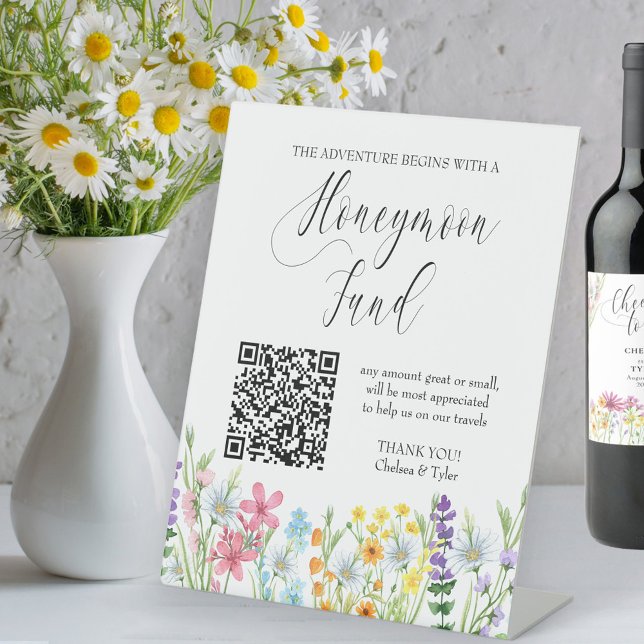 Wildblume Meadow Honeymoon Fund QR Code Wedding Sockelschild (Honeymoon Fund QR Code sign from the Wildflower Meadow wedding collection by Darling & May)