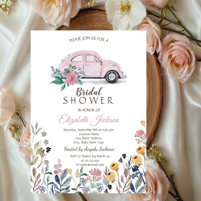 Wildblume Meadow Pink Car Brautparty Einladung (Von Creator hochgeladen)