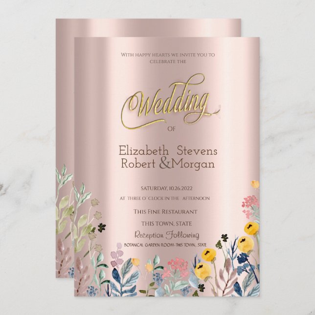 Wildblume Meadow Rose Gold Einladung (Vorne/Hinten)