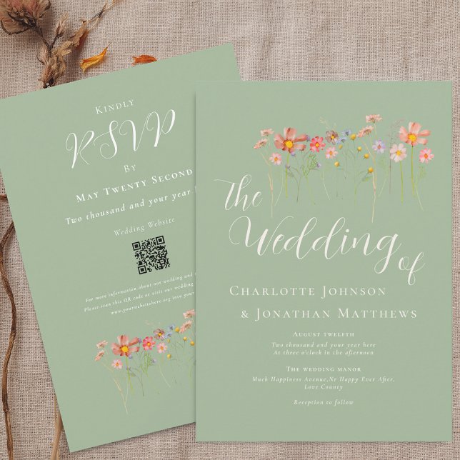 Wildblume Meadow Sage Green QR Code Hochzeit Einladung (Boho fall Wildflower meadow sage green Wedding qr code invitation Elegant script modern watercolor)