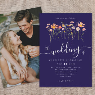 Wildblume Meadow Script Foto Navy Blue & White Einladung