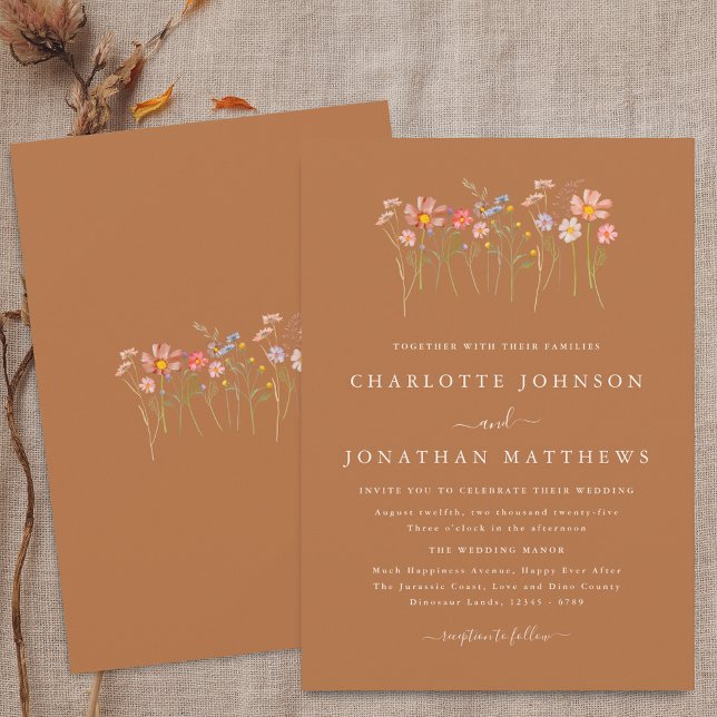 Wildblume Meadow Terracotta Orange Rust Wedding Einladung (Boho fall Wildflower floral brown sugar terracotta orange Wedding invitation Watercolor flowers)