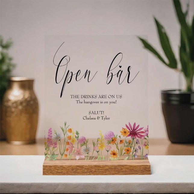 Wildblume Meadow Wedding Open Bar Acrylschild (Open Bar sign from the Wildflower Meadow wedding collection by Darling & May)