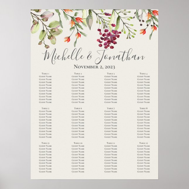 Wildblume Meadow Wedding Seating Chart Ecru Poster (Vorne)
