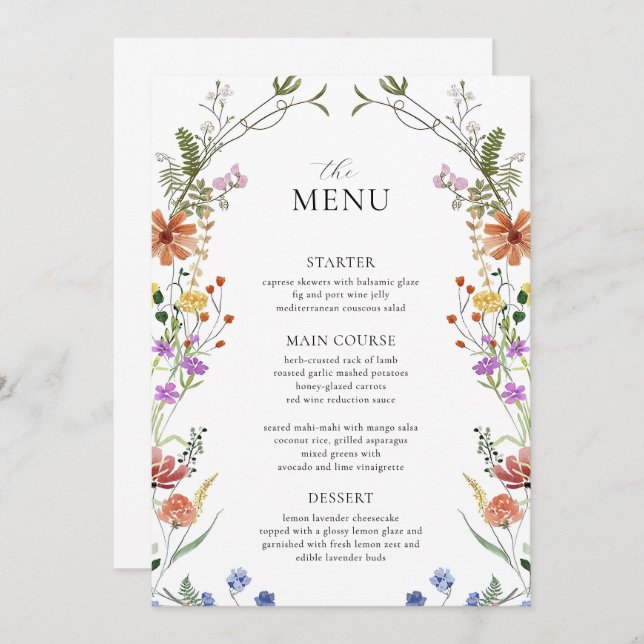 Wildblume Menu Template, Garden Party Brautshow Einladung (Vorne/Hinten)