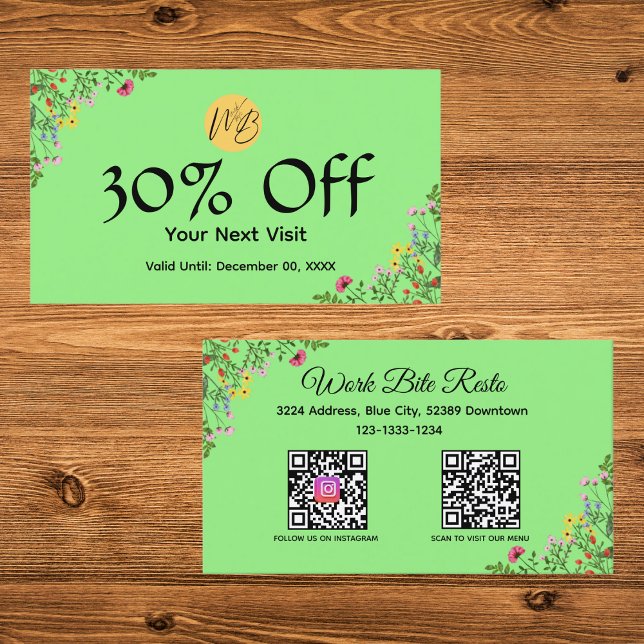 Wildblume Modernes Restaurant Qr Code Menü und Rabattkarte (Von Creator hochgeladen)