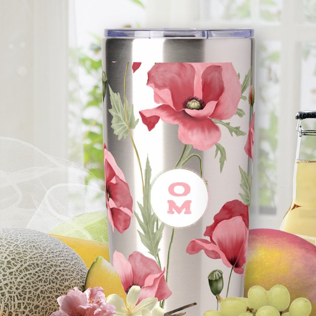 Wildblume Monogram Pink Große Mohn Romantische Thermobecher (Pink Poppy Stainless Steel Monogram Insulated Tumbler ©Susanne Sachers - Sunny Mind 🌞)