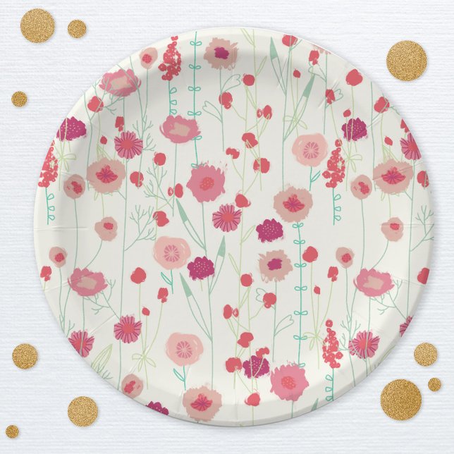 Wildblume Muster Rosa Creme Gelb Pappteller (Wildflower floral botanical pink yellow cream party paper plates)