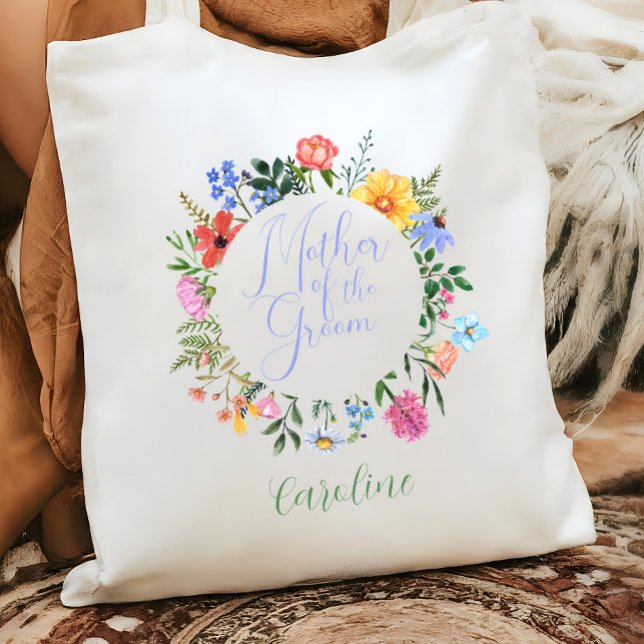 Wildblume Mutter der Groom-Script-Hochzeit Tragetasche (Watercolor Rustic Wildflower Mother of the groom tote bag gift)