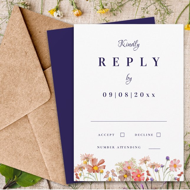 Wildblume Navy Burnt Orange Hochzeit im Herbst Ant RSVP Karte (Elegant Wildflower navy blue terracotta burnt orange fall wedding invitation reply enclosure card)