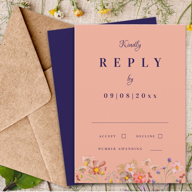Wildblume Navy Burnt Orange Hochzeit im Herbst Ant RSVP Karte (Wildflower navy blue terracotta burnt orange peach fall wedding invitation reply rsvp enclosure card)