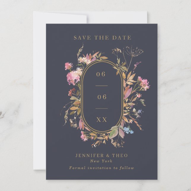 Wildblume Navy & Gold Frame Wedding Foto Save The Date (Vorderseite)