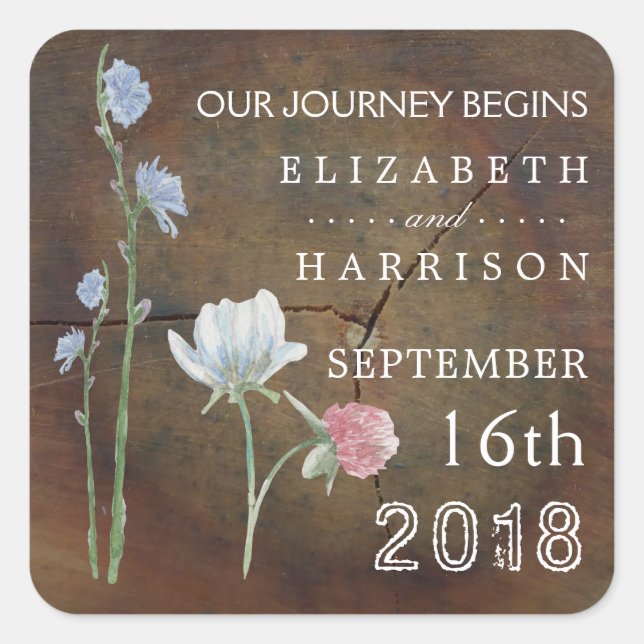 Wildblume Oak Wood Gastgeschenk Hochzeit Quadratischer Aufkleber (Vorderseite)