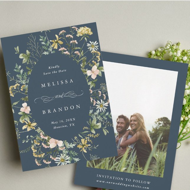 Wildblume Oval Frame Wedding Foto Navy Save The Date (Von Creator hochgeladen)