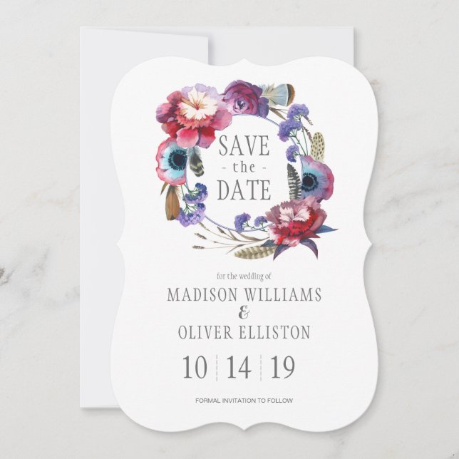 Wildblume Peony Floral Feathers | Save The Date (Vorderseite)
