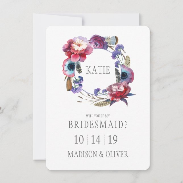 Wildblume Peony Floral with Feathers | Bridesmaid Einladung (Vorderseite)