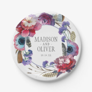 Wildblume Peony Floral with Feathers   Hochzeit Pappteller