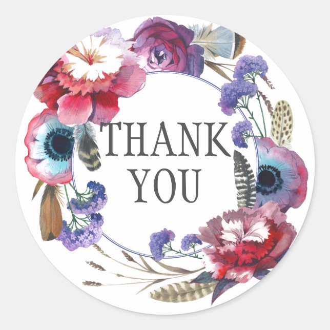 Wildblume Peony Floral with Feathers | Vielen Dank Runder Aufkleber (Vorderseite)