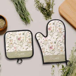 Wildblume Personalisiert Monogramm Ofenhandschuh & Topflappen-Set