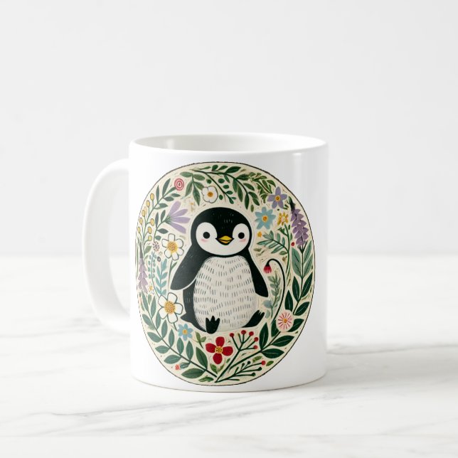 Wildblume Pinguin Liebhaber Illustration Kaffeetasse (Vorderseite Links)