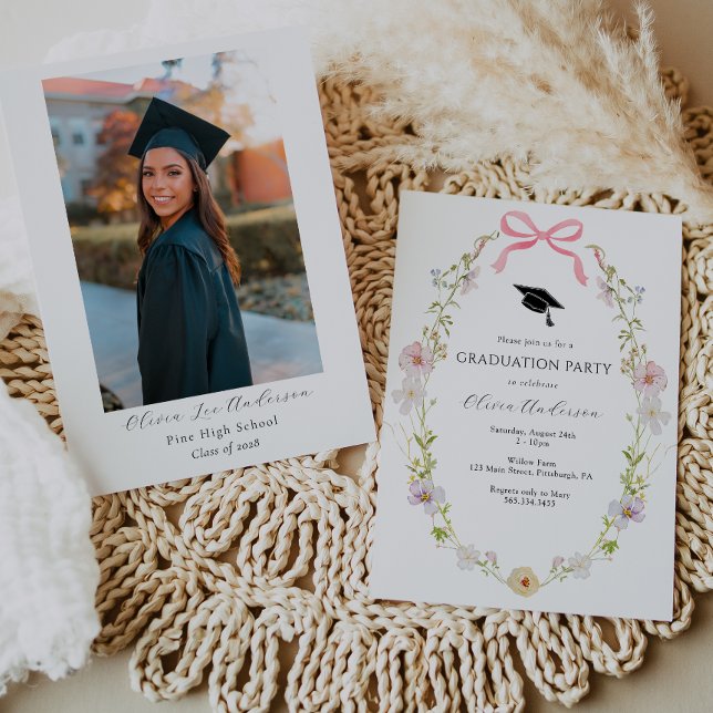 Wildblume Pink Bow Abschluss Foto Party Einladung (Von Creator hochgeladen)