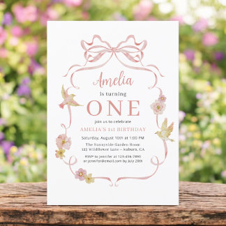 Wildblume Pink Coquette Bow Girl 1. Geburtstag Einladung