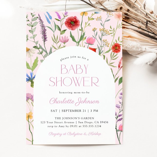 Wildblume Pink Girl Babydusche Einladung (Wildflower Pink Girl Baby Shower Invitation)