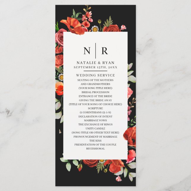 Wildblume Poppies Dark Monogram Wedding Programm (Vorderseite)