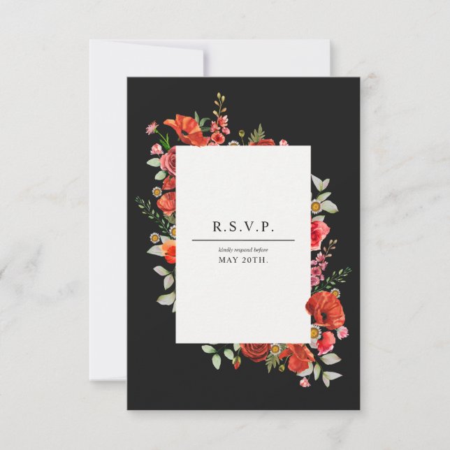 Wildblume Poppy Botanical Dark Wedding RSVP Karte (Vorderseite)