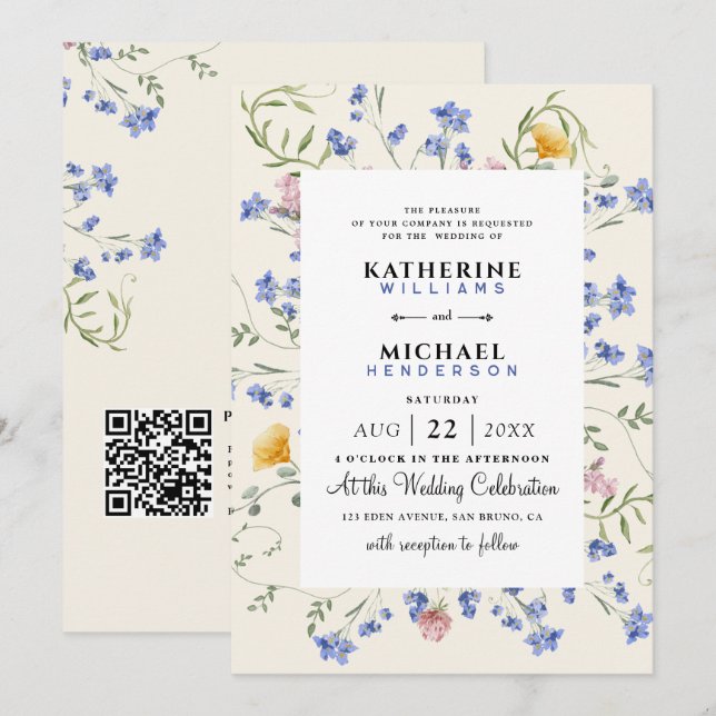 Wildblume QR-Code für Wasserfarben Einzelheiten UA Einladung (Vorne/Hinten)