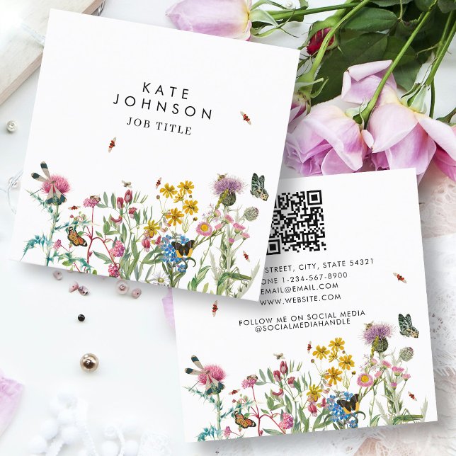 Wildblume QR Code Soziale Medien Quadratische Visitenkarte (Watercolor Wildflower QR Code Social Media Square Business Card)