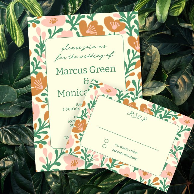 Wildblume Reben Rosa Gedeckter WEDD RSVP Karte (Wildflower Vines Pink Green Custom WEDDING RSVP Card
)
